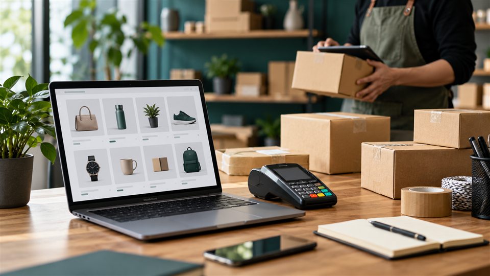 Conceptual image of an online shop workspace with a laptop, parcels and payment terminal