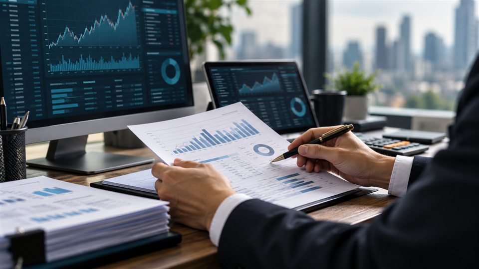 Conceptual image of financial records and transaction dashboards on office screens