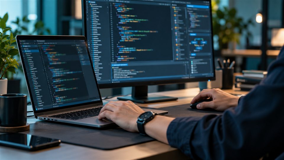 Conceptual image of a developer workspace with code and application screens
