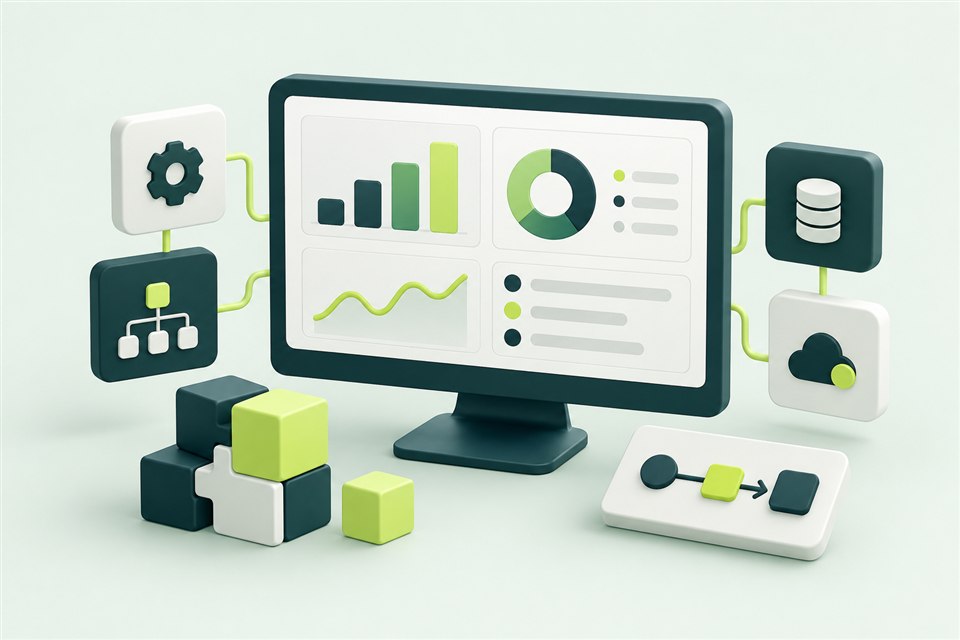 Illustration of a custom business dashboard and modular software components