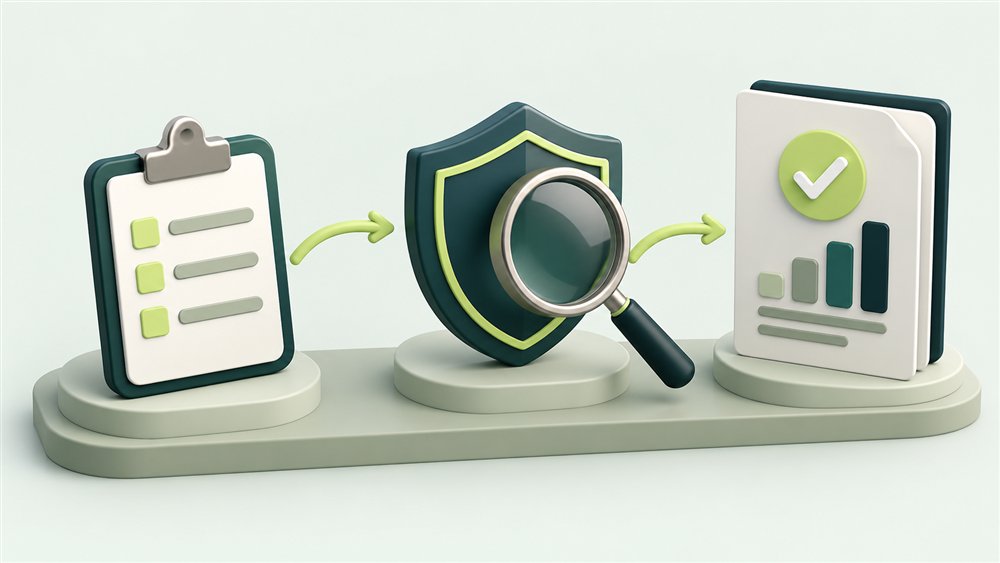 Illustration of an audit workflow connecting a scoping checklist, security assessment and final report