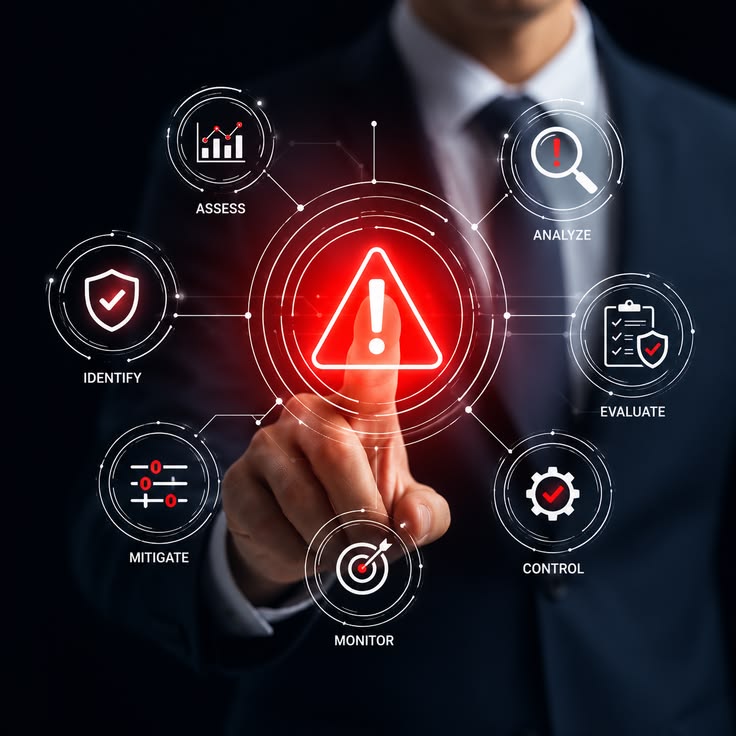 Illustration of a magnifying glass examining prioritised risks on a dashboard beside a server stack