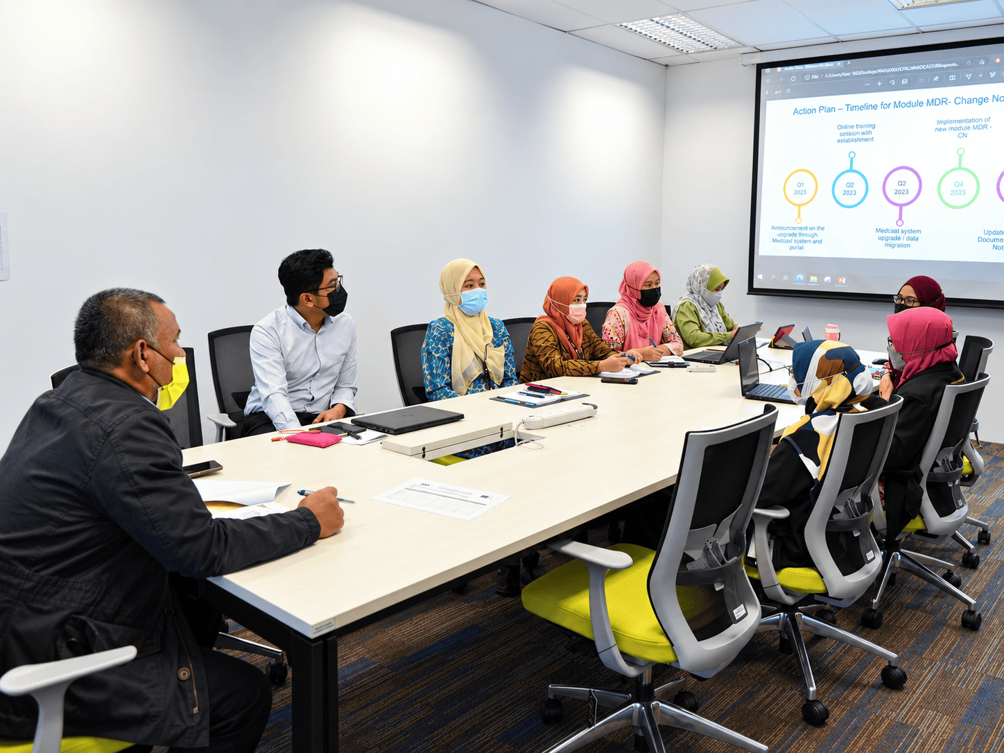 Project team reviewing a timeline for system upgrades, data migration and user training