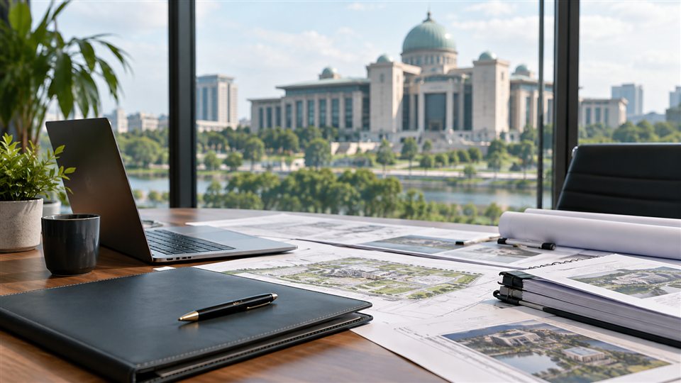 Conceptual image of project documents and a laptop beside a civic building