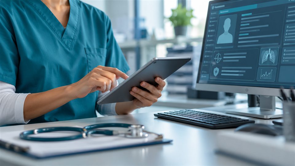 Conceptual image of a healthcare professional reviewing digital records on a tablet