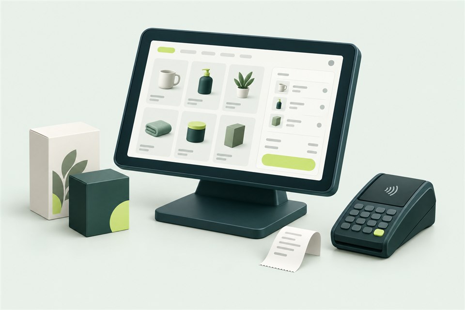 Illustration of a retail checkout terminal, card reader and receipt