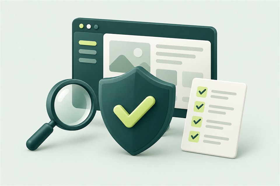 Illustration of a security shield, magnifying glass and audit checklist