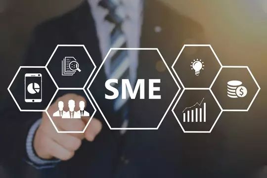 SME business graphic with icons for finance, technology and growth