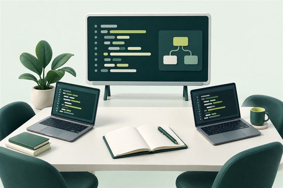 Illustration of laptops and a presentation screen for a software training workshop